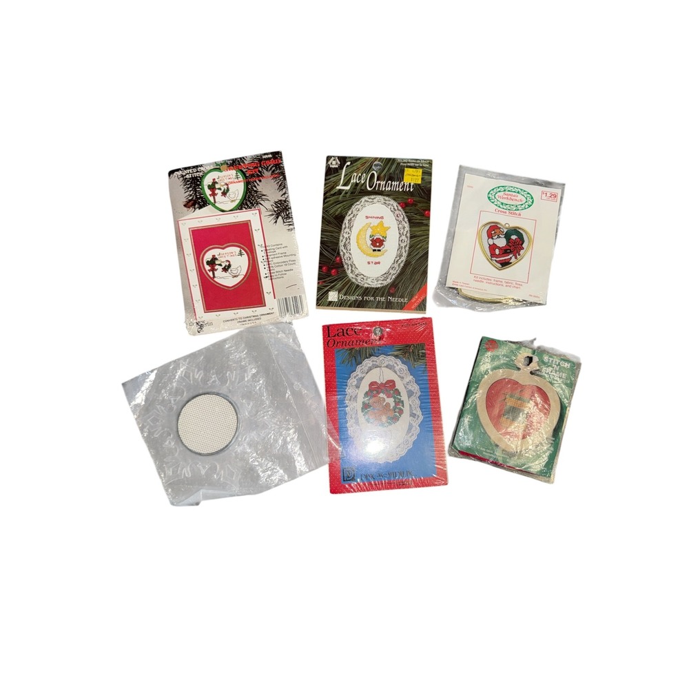 Vintage Christmas Counted Cross Stitch Ornament Kit Lot Santa Heart Lace 6pc